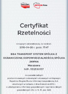 BBA Transport Certyfikat Rzetelna Firma